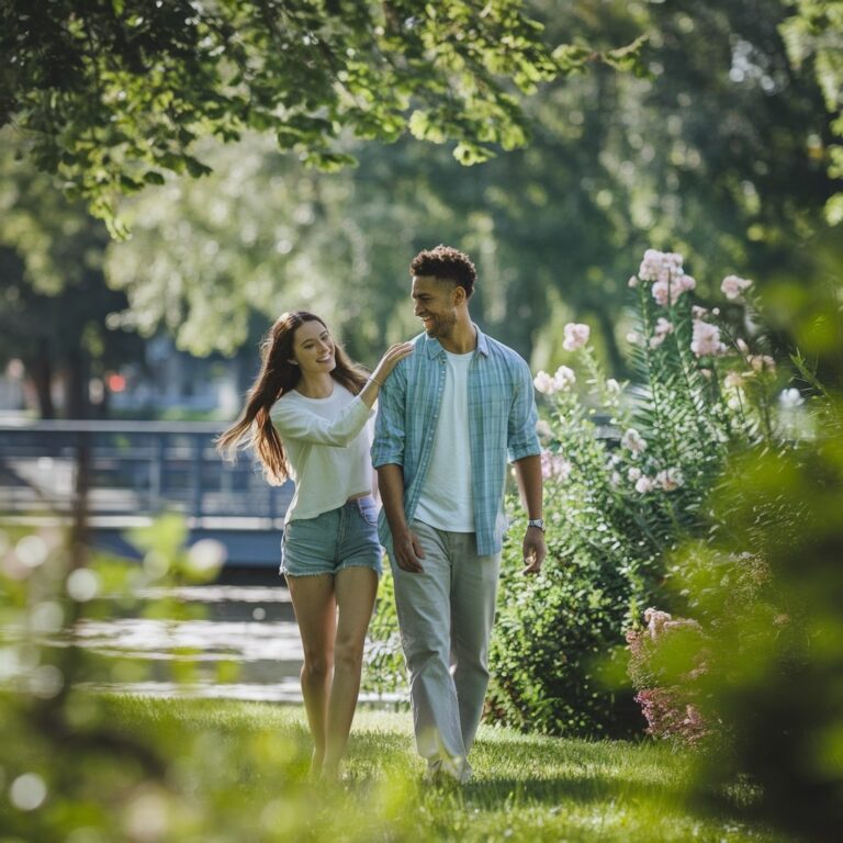 Couple walking hand in hand in a park, enjoying a romantic moment together, symbolizing love and connection.
